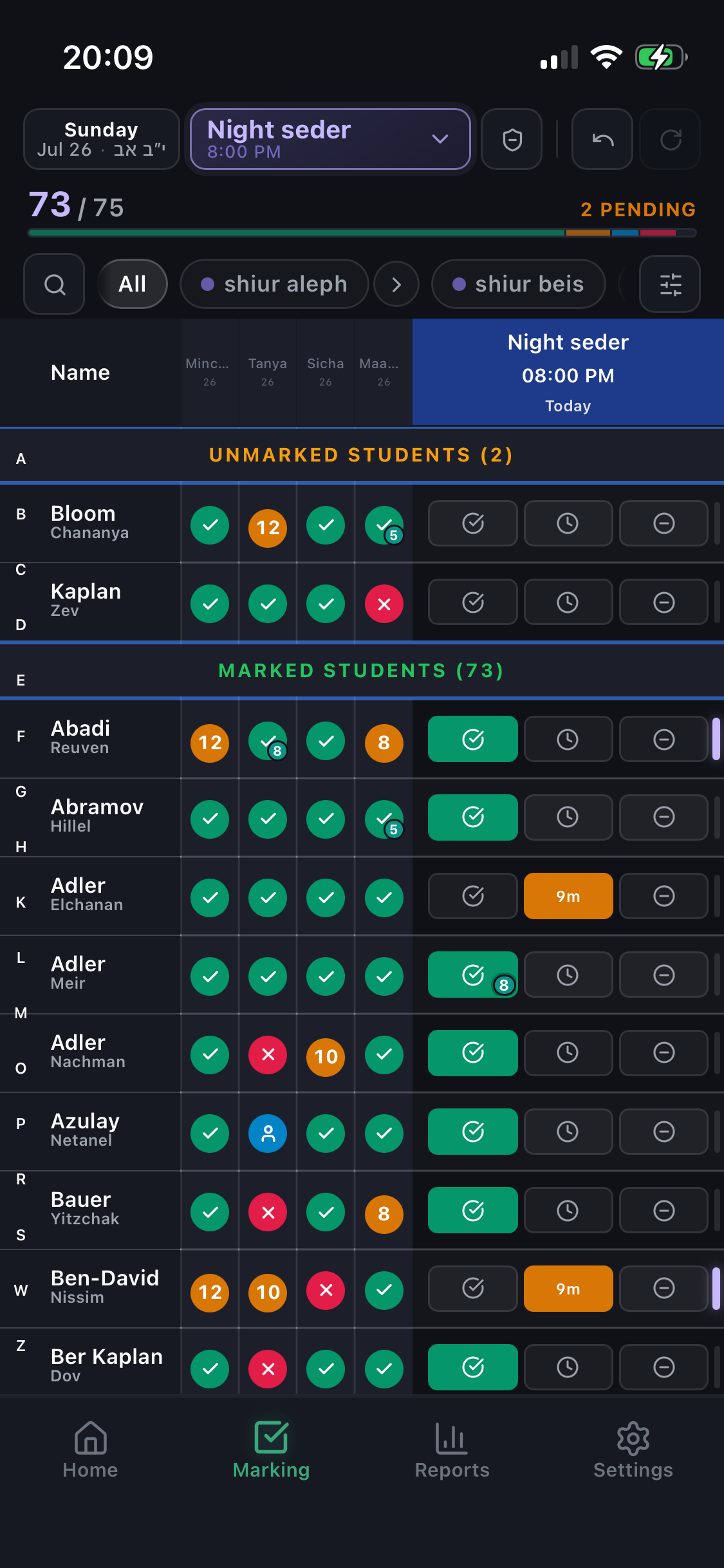 Attendance marking screen counting minutes late live while a class runs