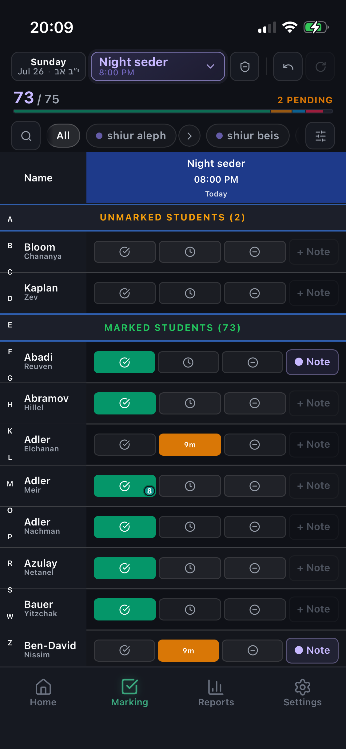 The marking screen: a class in progress, with minutes late counted automatically